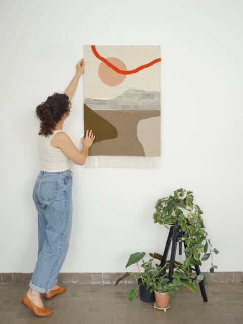 Seaside Inspired Modern Wall Decoration - Handwoven Kilim Made Of Recycled Wool Amaltea Olive, Beige & Orange Hand Tapestry - image 1