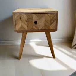 Mango Wood Side Table Parquet Drawer, Tapered Legs, 49.5cm High - thumbnail 1