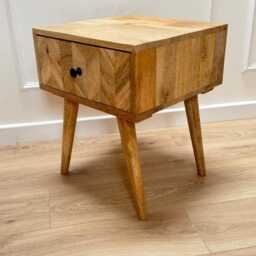 Mango Wood Side Table Parquet Drawer, Tapered Legs, 49.5cm High - thumbnail 3