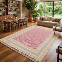 Handwoven Block Print Cotton Rug, Red Mustard Boho Carpet, 10x14 Ft - thumbnail 1