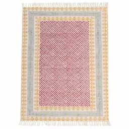 Handwoven Block Print Cotton Rug, Red Mustard Boho Carpet, 10x14 Ft - thumbnail 2