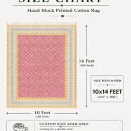 Handwoven Block Print Cotton Rug, Red Mustard Boho Carpet, 10x14 Ft - thumbnail 3