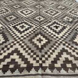 Handwoven Afghan Kilim Rug Geometric Tribal Wool Carpet - 9.5x6.7 Ft - thumbnail 2