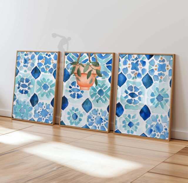 Blue Tile Wall Art Set Of 3, Mediterranean Kitchen Poster, Hanging Pot Plant Art, Watercolor Spanish Print, Coastal Decor - image 1