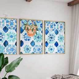 Blue Tile Wall Art Set Of 3, Mediterranean Kitchen Poster, Hanging Pot Plant Art, Watercolor Spanish Print, Coastal Decor - thumbnail 3