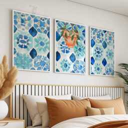 Blue Tile Wall Art Set Of 3, Mediterranean Kitchen Poster, Hanging Pot Plant Art, Watercolor Spanish Print, Coastal Decor - thumbnail 2