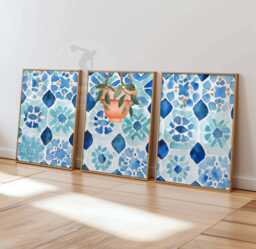 Blue Tile Wall Art Set Of 3, Mediterranean Kitchen Poster, Hanging Pot Plant Art, Watercolor Spanish Print, Coastal Decor - thumbnail 1