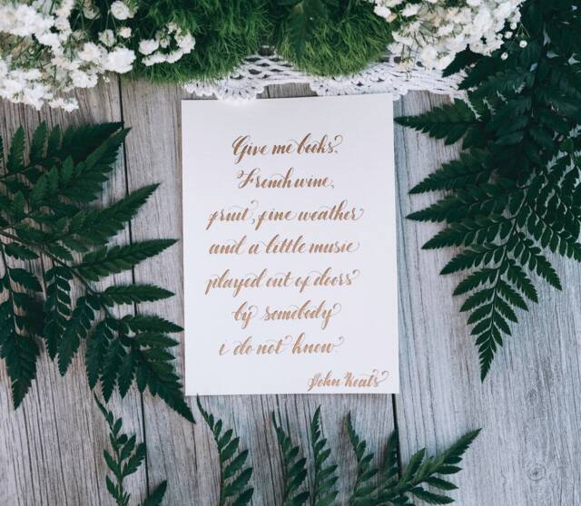 Handwritten Calligraphy Art Print John Keats Quote, Gold Ink - 5x7 - image 1