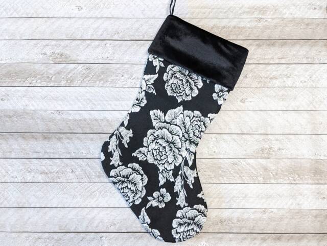 Black Brocade Christmas Stocking Metallic Silver Roses, Velvet Cuff - image 1