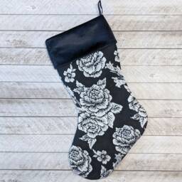 Black Brocade Christmas Stocking Metallic Silver Roses, Velvet Cuff - thumbnail 2