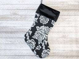 Black Brocade Christmas Stocking Metallic Silver Roses, Velvet Cuff