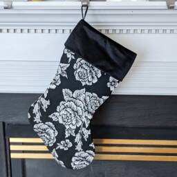 Black Brocade Christmas Stocking Metallic Silver Roses, Velvet Cuff - thumbnail 3