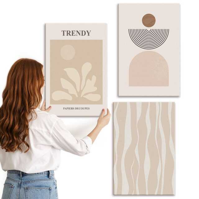 Canvas Set Of 3 - Stylish Compositions in Shades Beige, Beige Wall Art, Abstract Hanging Piece - image 1