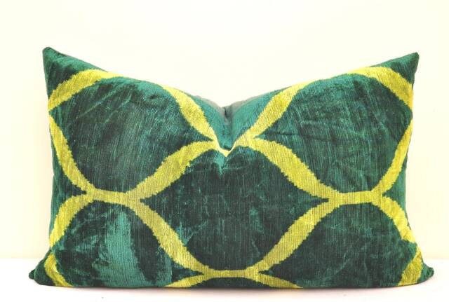 Handmade Silk Velvet Ikat Pillow Cover, Green Accent - image 1