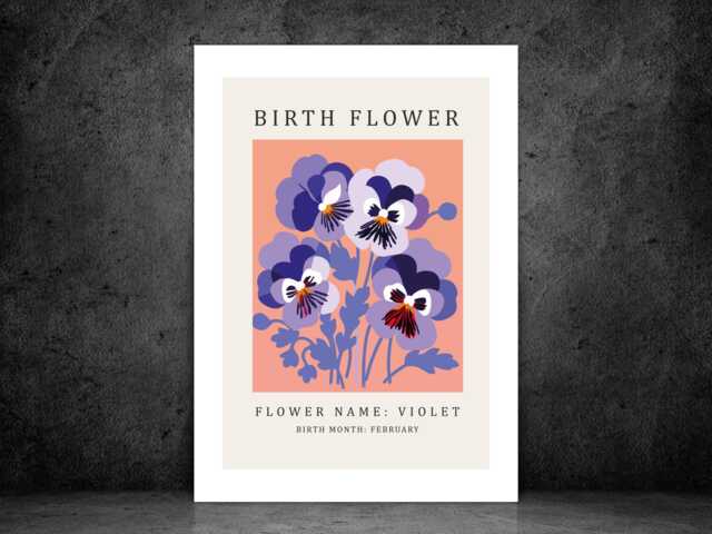 Birth Flower Print February Violet - Birthday Month Poster Botanical Wall Art Gift Idea A5 A4 A3 Framed Or Unframed - image 1