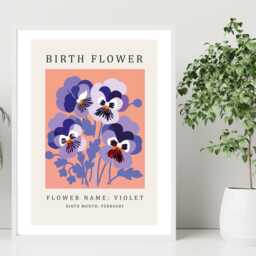 Birth Flower Print February Violet - Birthday Month Poster Botanical Wall Art Gift Idea A5 A4 A3 Framed Or Unframed - thumbnail 2