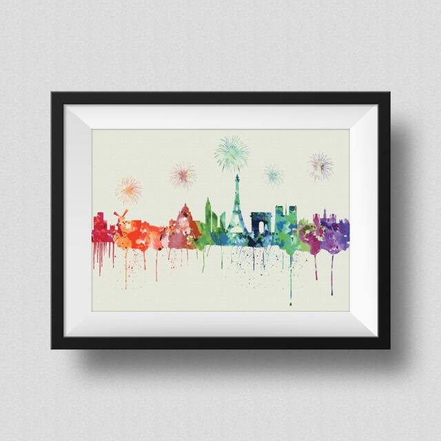 Paris Skyline Watercolor Art Print Rainbow Color Ink Splash Poster Canvas