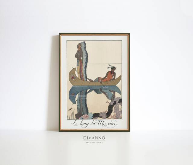 Romantic Couple Art Print, Langs De Missouri Wall Art, Fashion Canvas, Exotic Home Decor, Deco Illustration, Exhibition Vintage Poster - image 1