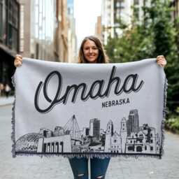 Omaha Nebraska City Blanket - Woven Throw Gift, Black & White Skyline Art, Fun Home Decor, Cozy Soft Gift - thumbnail 1