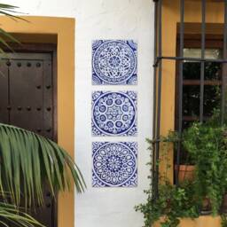 3 Handmade Wall Hanging Tiles Ethnic Boho Garden Decor, Blue & White - 20cm/7.9 - thumbnail 1