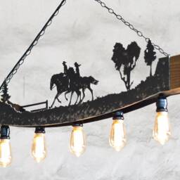 Rustic Horse Rider Ceiling Light - Farmhouse Wood & Steel Fixture - thumbnail 2