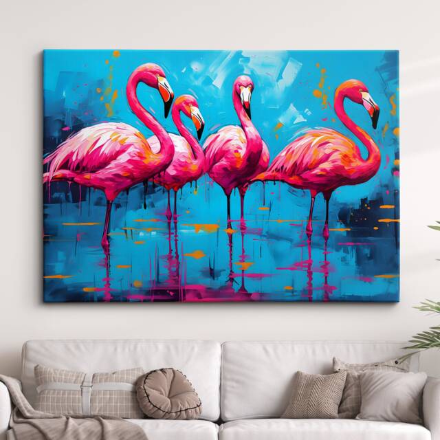 Colorful Flamingos Animal Abstract Oil Painting Paint Splatter Wall Art Framed Canvas Poster Print Home Living Room Decor Fun Flamingo Gift - image 1