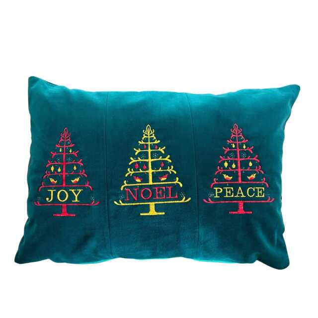 Christmas Embroidered Dark Teal Cotton Velvet Oblong Cushion Cover, Ready To Post - image 1