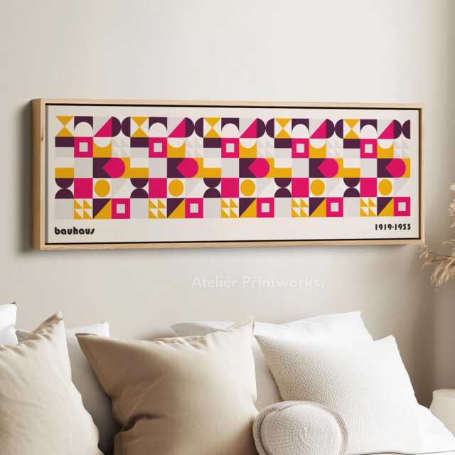 Retro Bauhaus Style Horizontal Wall Art Framed Canvas Print in Multiple Colours With White Geometric Shapes For Bedroom Hallway Office - image 1