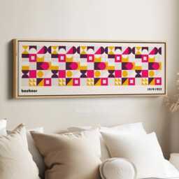 Retro Bauhaus Style Horizontal Wall Art Framed Canvas Print in Multiple Colours With White Geometric Shapes For Bedroom Hallway Office