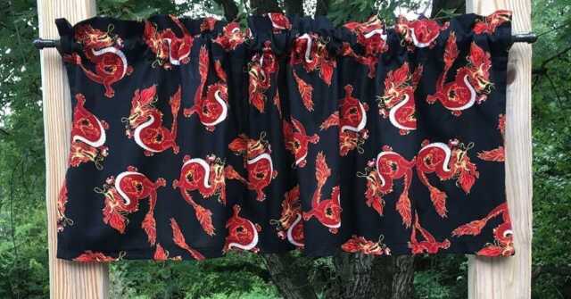 Dragon Kitchen Valance - Oriental Red Fire On Black Farmhouse Country Curtain - image 1