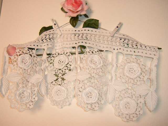 Crochet Curtain Lace - Border With Leaves & Irish Roses Country House Crochet Italian Handcrafted cm.52x27 - image 1
