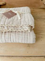 Organic Muslin Gauze Baby Blanket Buttermilk Lace Trim, Heirloom Swaddle - thumbnail 1