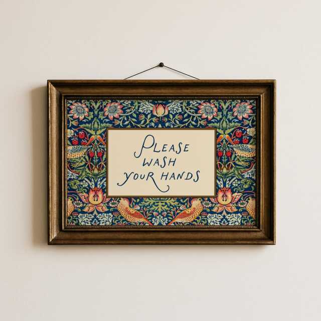 Please Wash Your Hands Bathroom Wall Art Print - William Morris Strawberry Thief Inspired Decor, Horizontal & Vertical - image 1