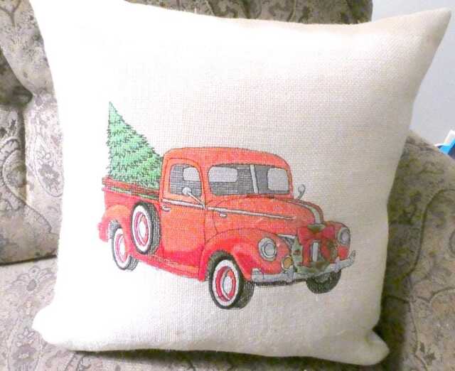 Embroidered Red Truck Christmas Pillow Cover Burlap Holiday Decor - image 1
