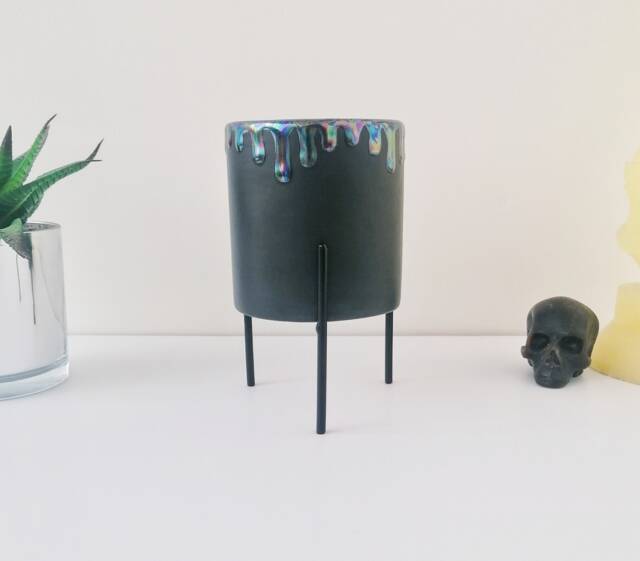 Lustre Indoor Planter, Matte Black Ceramic, Plant Stand, Gothic Succulent, Goth Cactus Stands, Weird Wonderful Ceramics, Oil Slick Drip - image 1