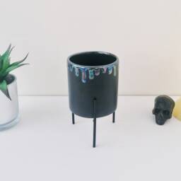 Lustre Indoor Planter, Matte Black Ceramic, Plant Stand, Gothic Succulent, Goth Cactus Stands, Weird Wonderful Ceramics, Oil Slick Drip - thumbnail 3