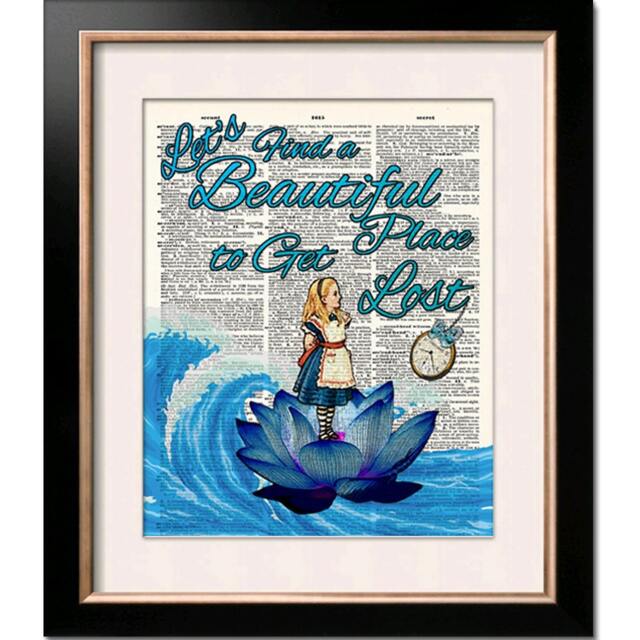 Alice in Wonderland Book Art Print, Blue Lotus Let's Find A Beautiful Place To Get Lost, Wall Decor On Antique Dictionary Page - image 1