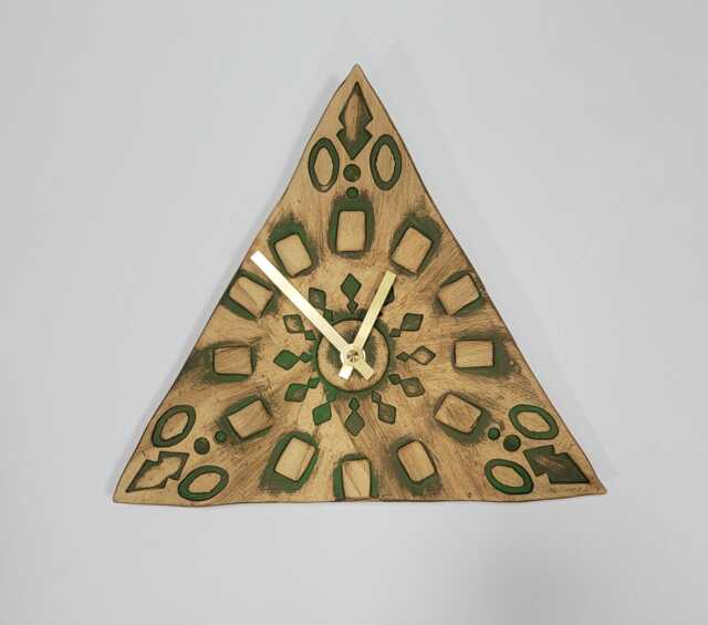 Hand Made Triangular Green & Natural Clay Matt Ceramic Wall Clock Quartz Movement 23 cm 9 - image 1