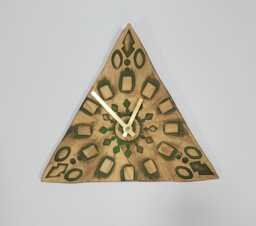 Hand Made Triangular Green & Natural Clay Matt Ceramic Wall Clock Quartz Movement 23 cm 9