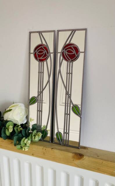 Opposite Pair Rose 8 Rennie Mackintosh Style Stained Glass Effect Mirror Handmade Gift 61x15.5 - image 1
