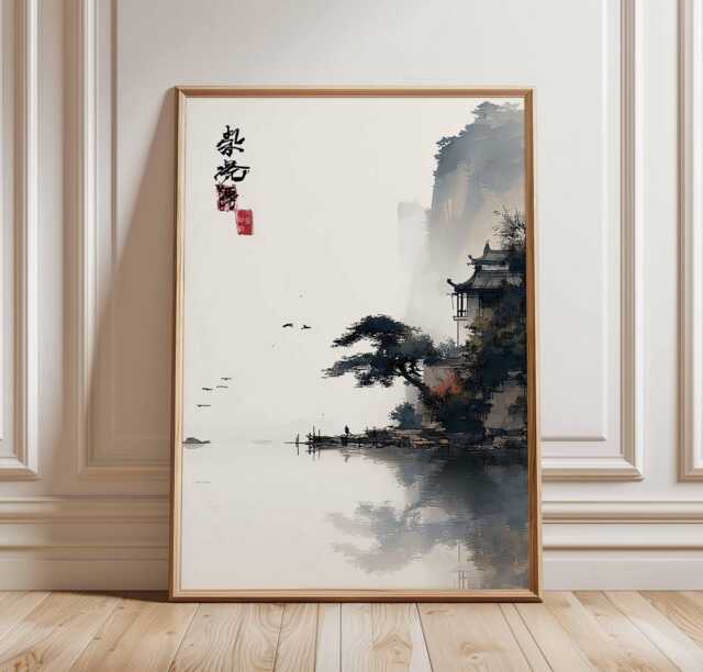 Japanese Ink Landscape Poster, Minimalist Asian House Wall Art, Zen Temple By Water Print, Misty Nature Scene, Tranquil Decor Artwork - image 1