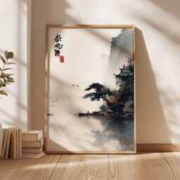 Japanese Ink Landscape Poster, Minimalist Asian House Wall Art, Zen Temple By Water Print, Misty Nature Scene, Tranquil Decor Artwork - thumbnail 3