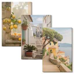 3 Piece Canvas Set - Citrus Tree View From The Window & Seaside Architecture, Yellow Wall Art Large, Landscapes Hanging - thumbnail 2
