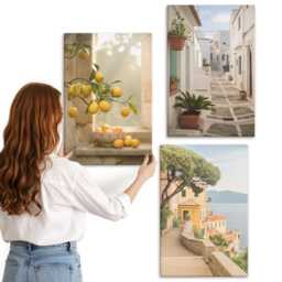 3 Piece Canvas Set - Citrus Tree View From The Window & Seaside Architecture, Yellow Wall Art Large, Landscapes Hanging - thumbnail 3
