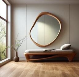 Asymmetrical Wooden Wall Mirror With Organic Frame, Handmade For Living Room Decoration - thumbnail 1