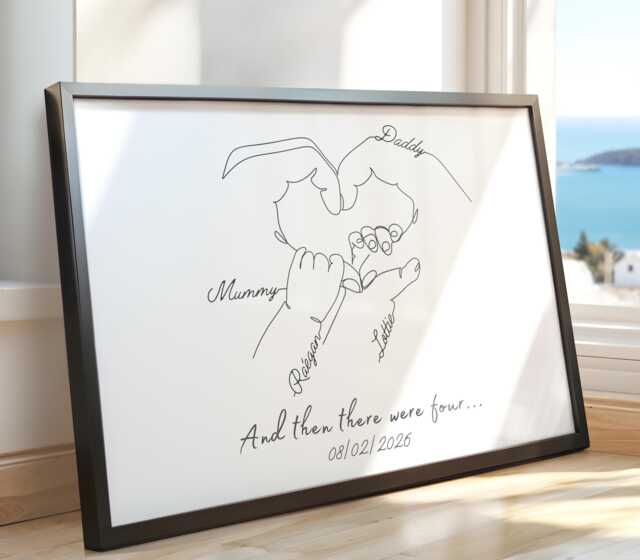Personalised Second Baby Hand Line Art, Newborn Print, Mummy Birthday - image 1