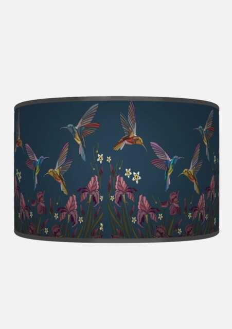 Hummingbird Lampshade - Navy Blue & Purple Drum Pendant Light Handmade Ceiling Shade For Nature Inspired Or Elegant Decor - image 1