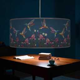 Hummingbird Lampshade - Navy Blue & Purple Drum Pendant Light Handmade Ceiling Shade For Nature Inspired Or Elegant Decor - thumbnail 2