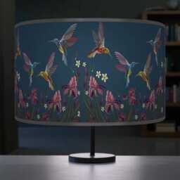 Hummingbird Lampshade - Navy Blue & Purple Drum Pendant Light Handmade Ceiling Shade For Nature Inspired Or Elegant Decor - thumbnail 3
