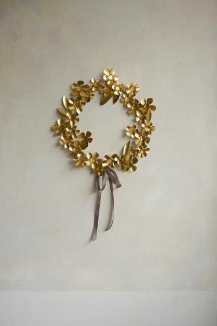 Christmas Brass Anemone Flower Wreath Winter Door Hanging, Handmade - image 1